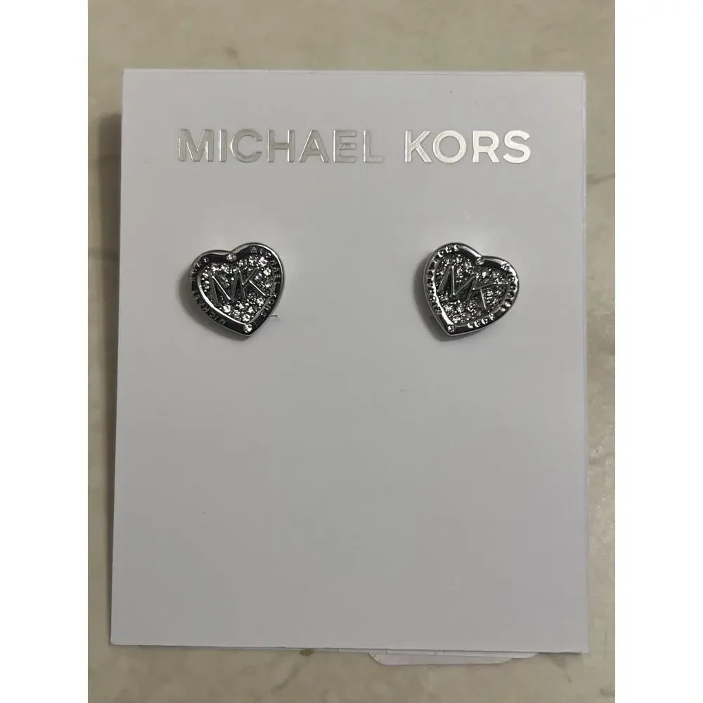 New Michael Kors Silver Logo Heart Stud Earrings